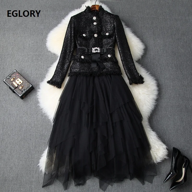 

The New 2019 Autumn Winter Beading Long Sleeve bow-knot slim fit tweed blackJacket +Mesh Ruffle blue skirt set woman suit