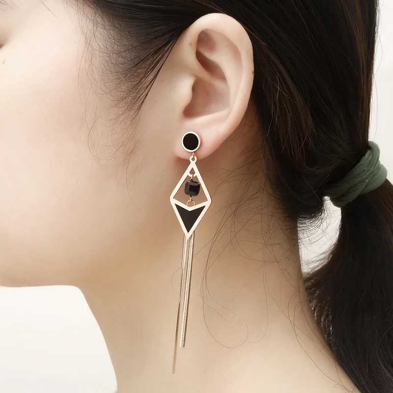 Женские длинные серьги с ромбовидным камнем из нержавеющей стали цвета розового