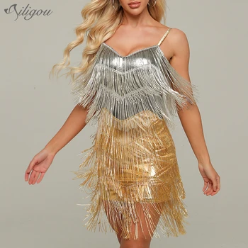 

Ailigou 2020 New Summer Ladies Spaghetti Belt Dress Luxury Beaded Tassel Bodycon Vestidos Sexy Backless Celebrity Party Dress