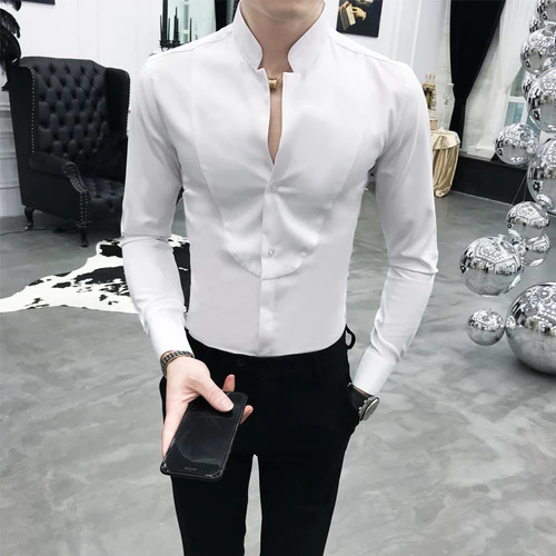 Модные мужские платья рубашки с длинными рукавами стоячий воротник приталенная мужская рубашка мужская деловая рубашка для отдыха Азиатский Размер s m l xl 5XL - Цвет: YC082 white