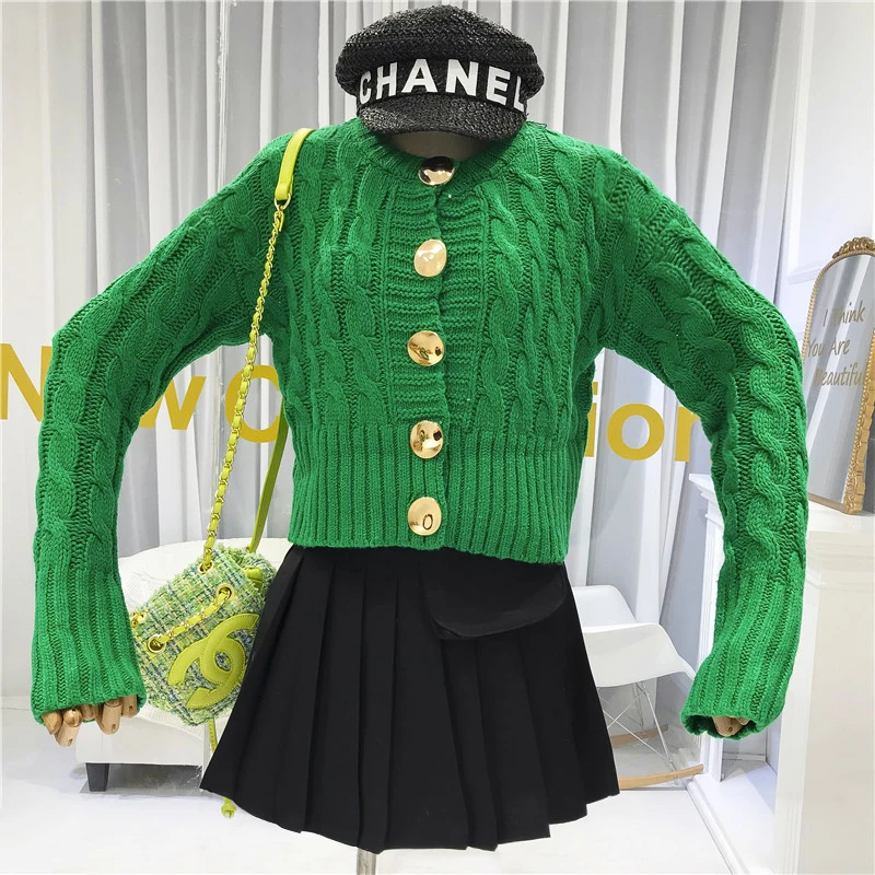 

Korean Fashion Cardigans Women Knitted Sweater Argyle High Street O-Neck Button Crop Sweater Female Cardigan Fall Winter