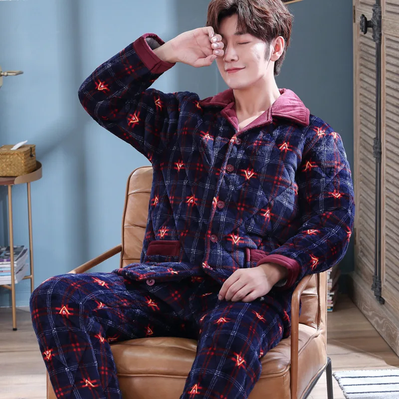 

Men Pajamas Winter Coral Velvet Three Layer Thick Quilted plus Velvet Autumn And Winter Cardigan Flannel Tracksuit 8891