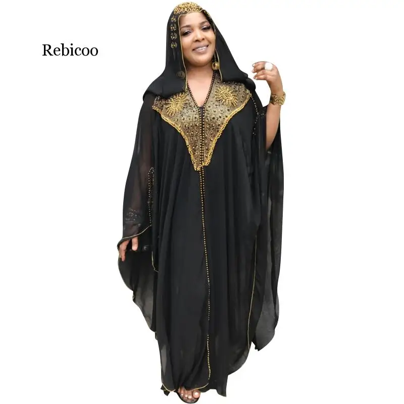 

African Dresses For Women Beading Robes Long Maxi Dresses Fashion Chiffon Dress Hooded Black Abaya Batwing Vestidos