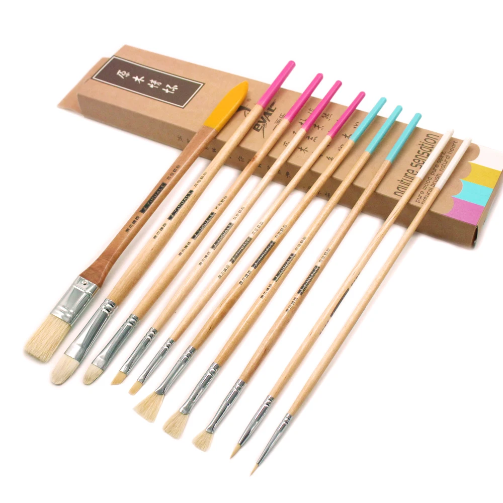 Eval 10pcs Paint Brush Acrylic Bristle Hog Hair Oil Paint Brush Set Wood Handle Artist Painting Brushes