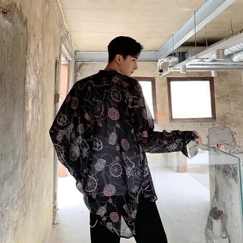 

Men Long Sleeve Stand Collar Loose Casual Print Thin Shirt Sunscreen Coat Male Streetwear Hip Hop Lovers Shirts Cardigan