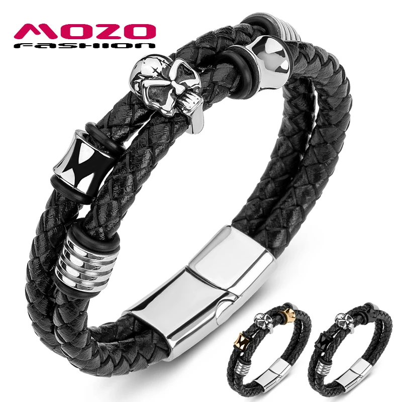 

MOZO FASHION Men Bracelet Braided Leather Rope Chain Stainless Steel Domineering Skull Bracelet Punk Bangle Skeleton Jewelry 187