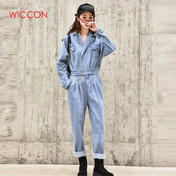 

Blue Elegant BF Streetwear Women Denim Jumpsuit Pants 2020 Autumn Long Sleeve High Waist Retro Jeans Overalls Rompers Female