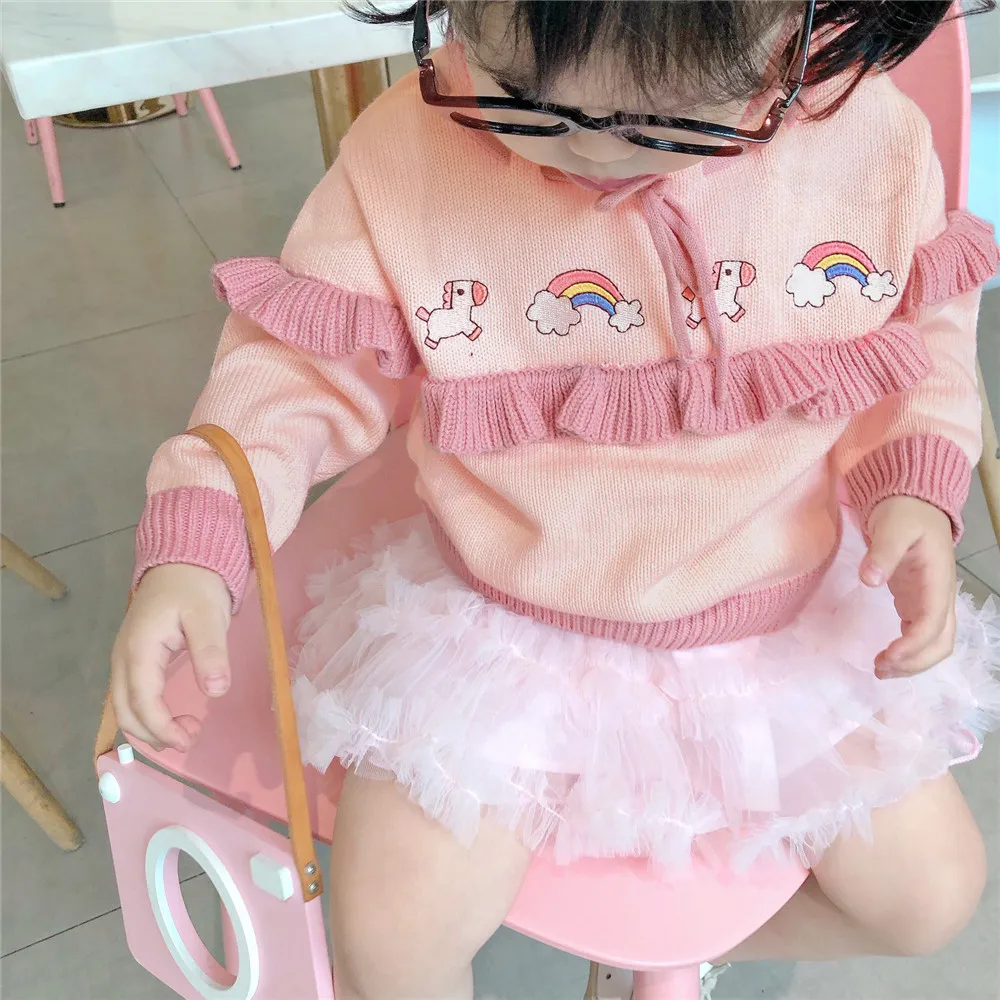 Tonytaobaby/осенне-зимнее платье; Новое Детское платье; хлопковый свитер с радужной лошадкой; вязаный свитер; свитера для девочек