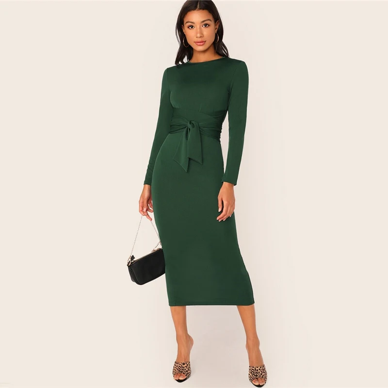 Sheinside элегантное зеленое платье-карандаш с поясом женское платье осень вырез на подоле облегающее женское платья сплошное миди платье