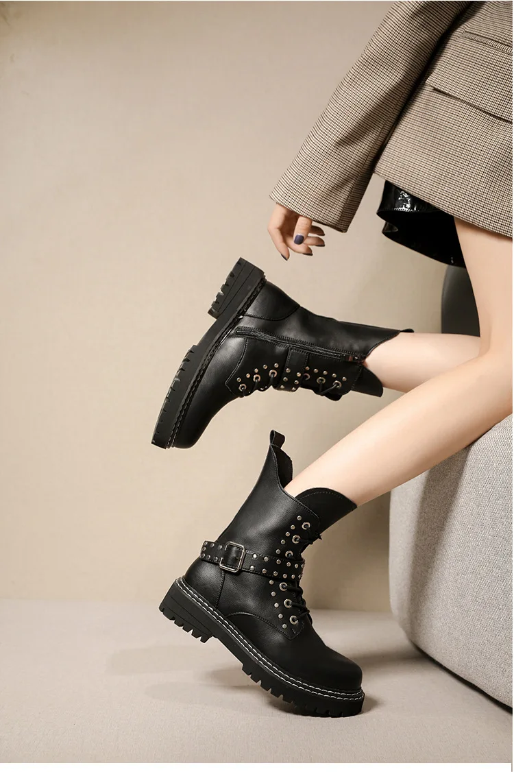winter new Martin boots women fashion simple solid color punk style leather comfortable rivet decorative casual motorcycle