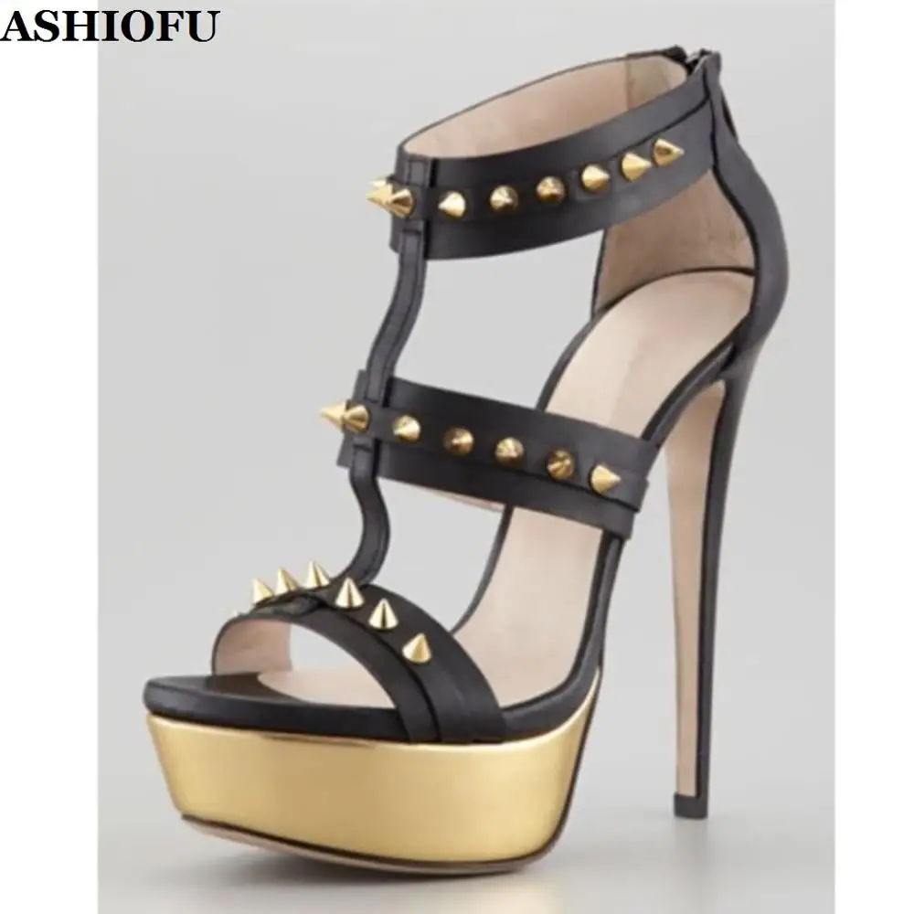 

ASHIOFU Handmade Ladies High Heel Sandals Rivets Spikes Party Summer Shoes Platform Sexy Club Evening Fashion Sandals Shoes