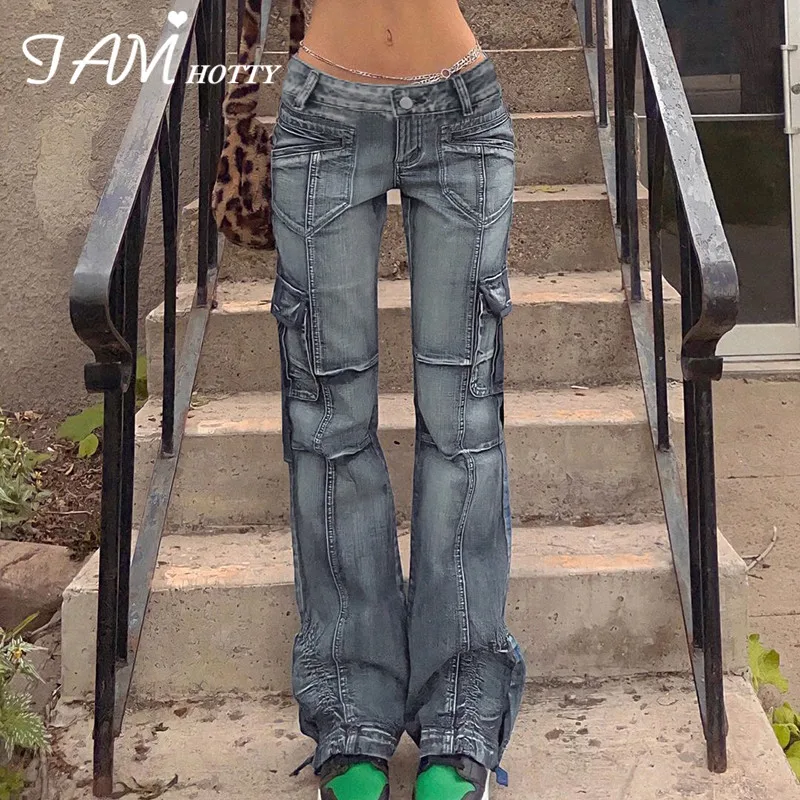 Iamhotty-pantalones vaqueros con bolsillos para Jeans Cargo Vintage de retales, Jeans holgados de cintura media, ropa calle Grunge - AliExpress Ropa de mujer