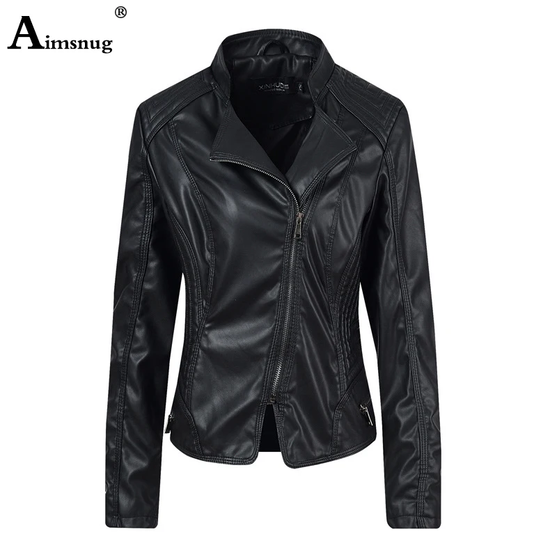 

Aimsnug Spring Autumn Pu Leather Jackets Women Turn-down Collar Zipper Slim Black Red Motorcycle Jackets Female Tunic Outerwear