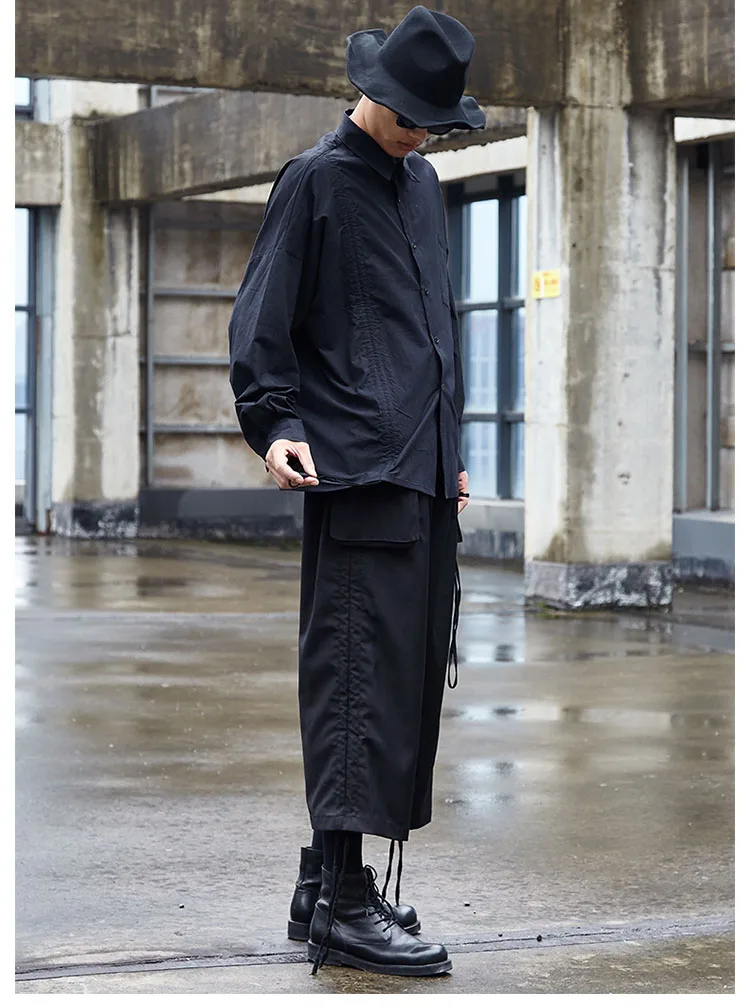Men Party Dress Shirt Drawstring Design Loose Casual Black White Shirt Male Women Japan Streetwear Hip Hop GothicStage Costumes