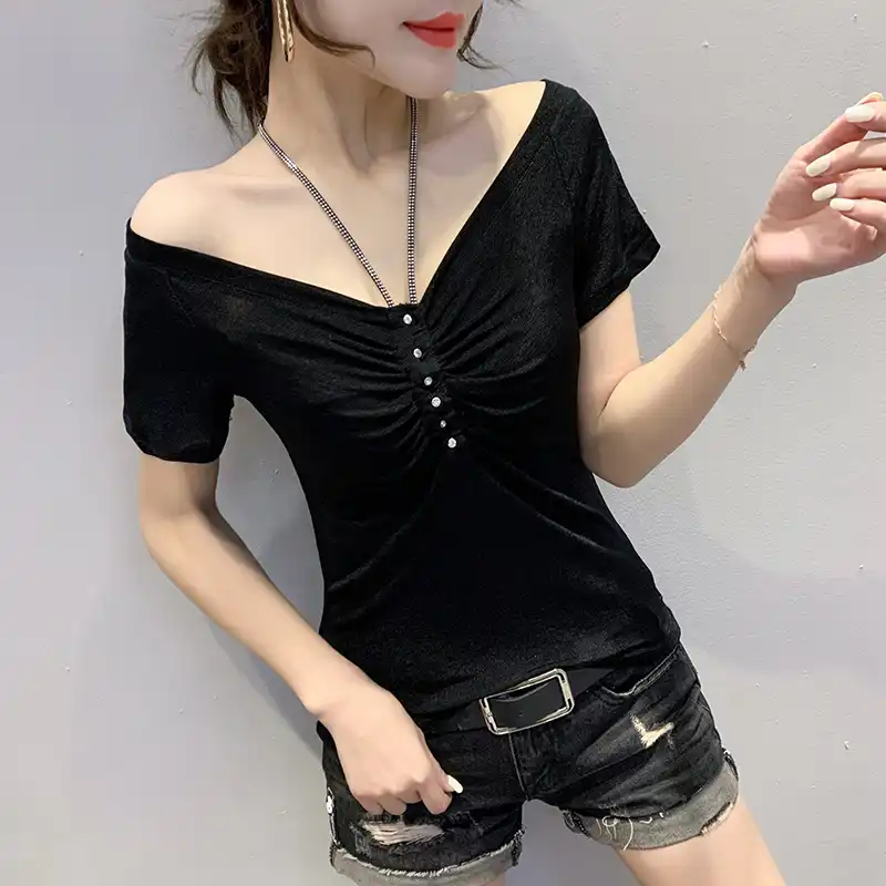 夏の韓国服tシャツファッションセクシーなオフショルダーひだホルターダイヤモンド女性のropa Mujer半袖tシャツ新t Tシャツ Aliexpress