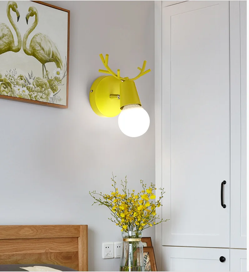 Скандинавские светодиодные E27 настенные лампы, цветные Мультяшные рога оленя, для спальни, для чтения, бра, настенный светильник для детской комнаты, настенный светильник