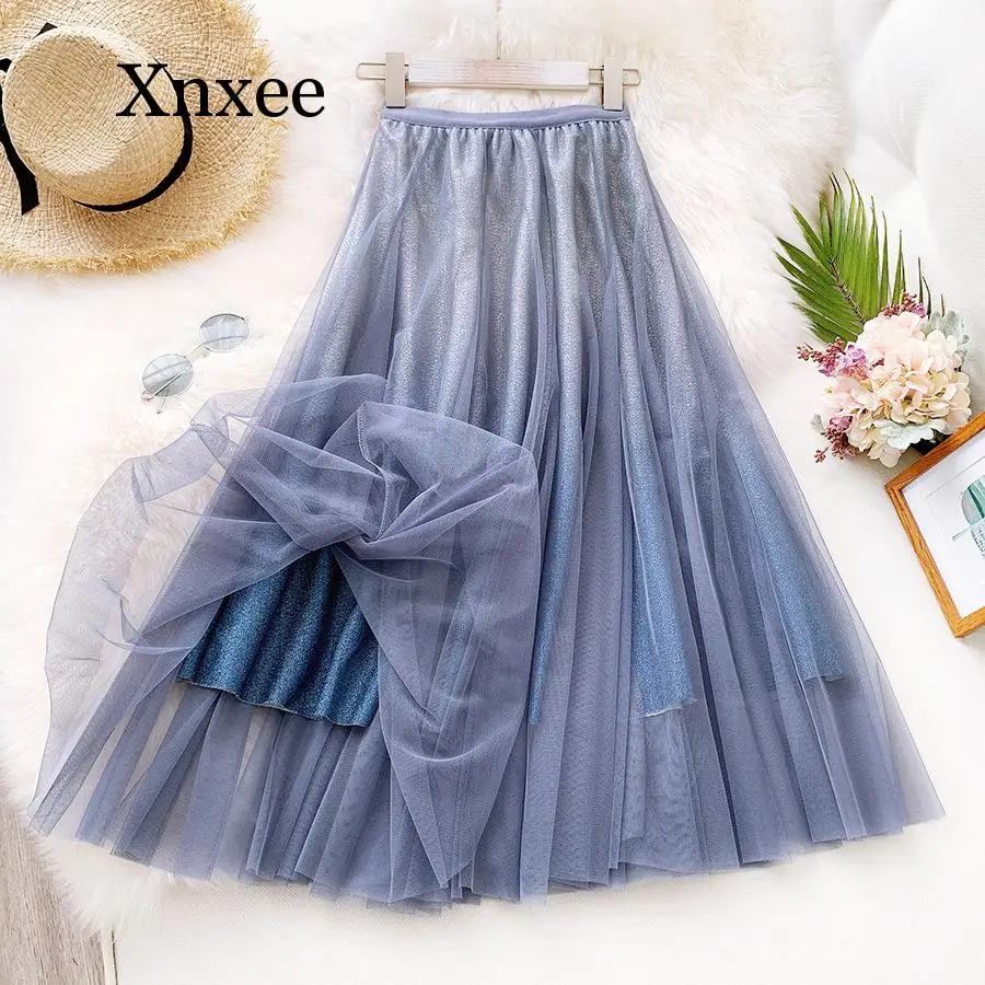

Maxi Skirt Women 2020 Spring Summer Korean Ladies Blue Black Gradient High Waist Long Pleated Skirt Female kawaii cut candy