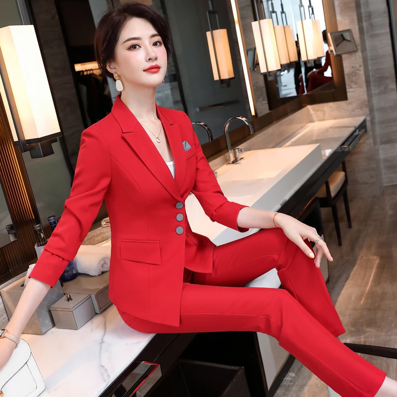 

Fashion Red Women Formal Uniform Designs Pantsuits Autumn Winter Professional OL Styles Ladies Business Blazers Set Elegant Red
