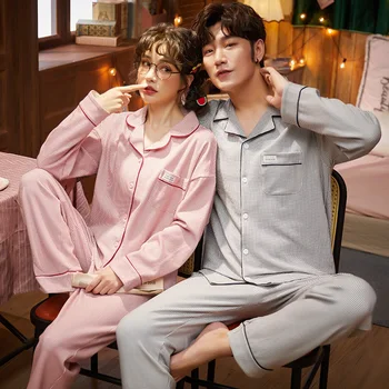 

Spring Full Pure Cotton Lovers Pajamas Set Sleepwear Autumn Plus Size 3XL Tops + Long Pant Sleepwear For Male Young Girls Pyjama