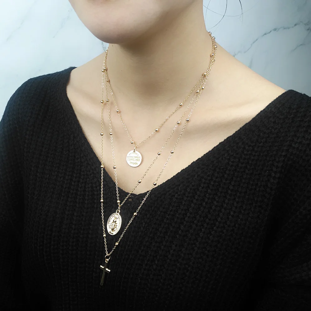 FINE4U N269 Multi-Layer Cross Virgin Mary Pendant Necklaces Stainless Steel Beads Necklace Crucifix Rosary Jewelry