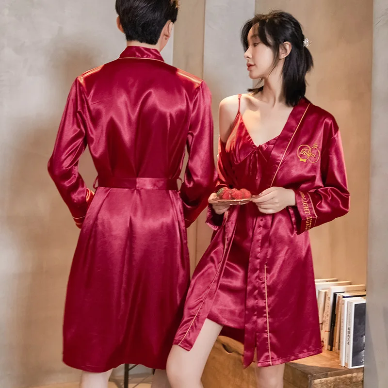 Male Silk Champagne Kimono Bathrobe Gown Home Clothing PLUS SIZE 3XL Men Embroidery Letters Robe Male Sleepwear Loose Nightwear