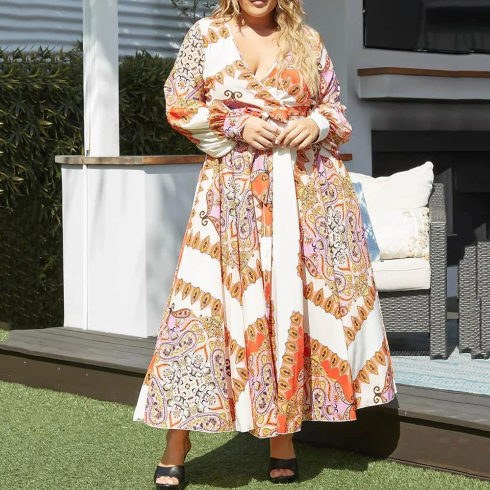 

Boho Plus Size Women Dress Geometric Print A-Line Belted Long Women's 2020 Summer Sundress Autumn Long Lantern Sleeve Maxi Robe