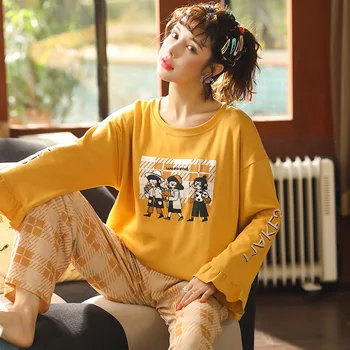 

Wontive Autumn Winter Woman Pajamas Set Pure Cotton Apparel 2 Peices Pyjamas Women Leisure Lovely Long Sleeves Homewear