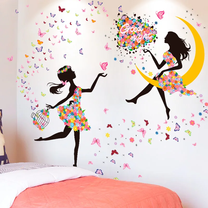 

[shijuekongjian] Cartoon Fairy Girl Wall Stickers DIY Butterflies Wall Decals for House Kids Rooms Baby Bedroom Decoration