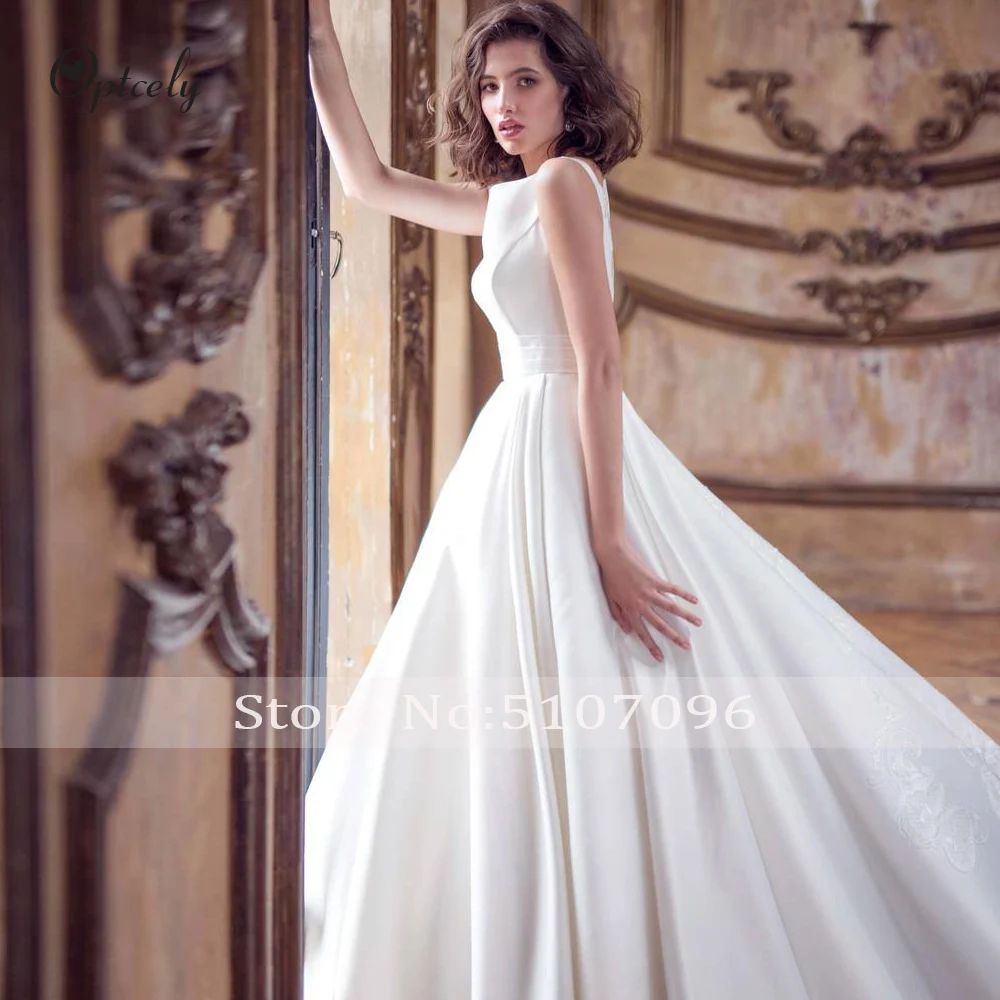 Optcely, Ретро стиль, без рукавов, атласное, а-силуэт, Vestido de Noiva, простое, круглый вырез, свадебное платье,, Аппликации, расшитое бисером, платье для невесты принцессы