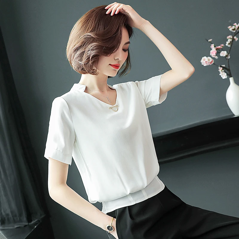 Летняя шифоновая Женская одежда Мода 2019 женские рубашки блузки короткий рукав