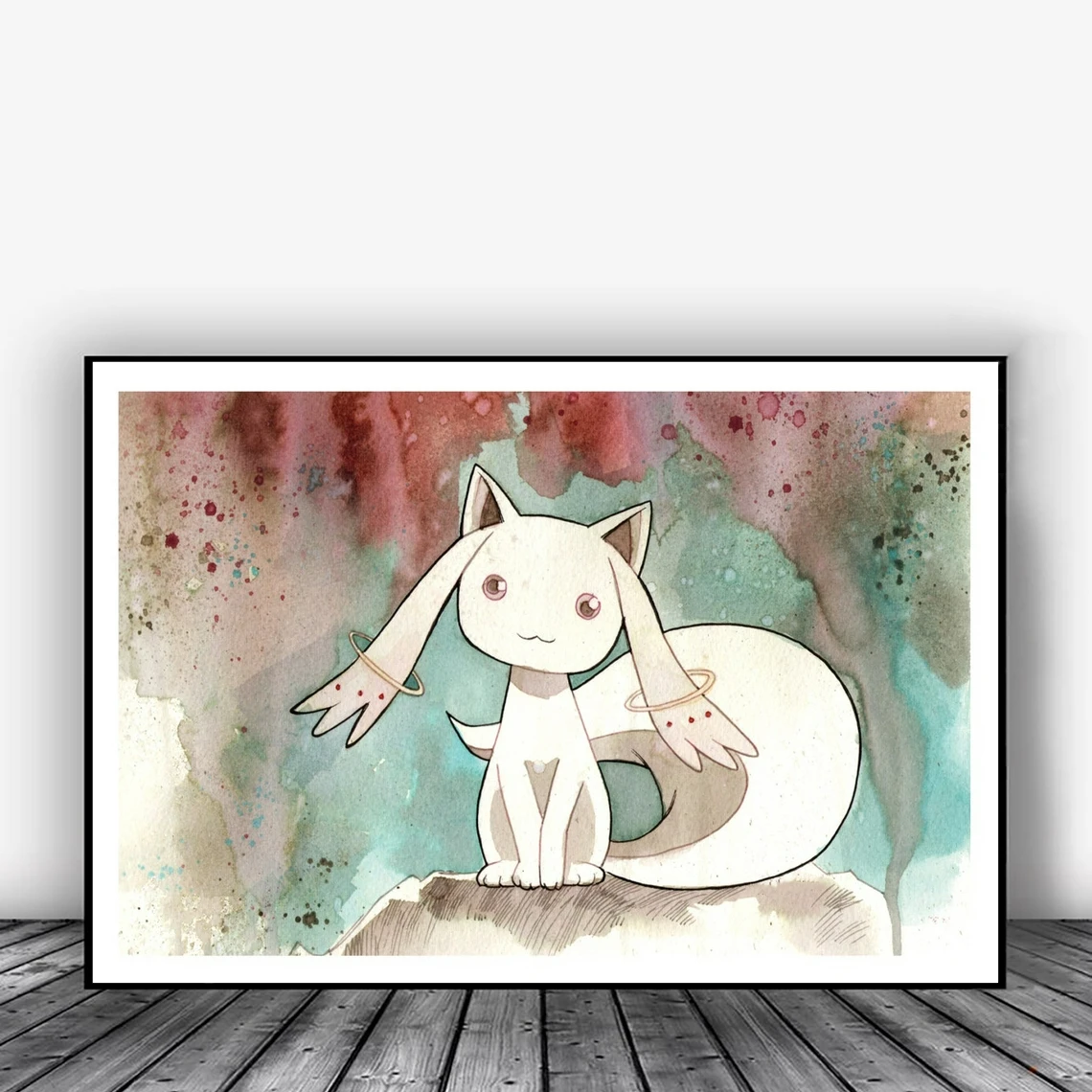 Kyubey - Watercolor Art Print- Anime Manga- Comic Book Print Pop Culture Painting- Art- Nerd Decor | Дом и сад