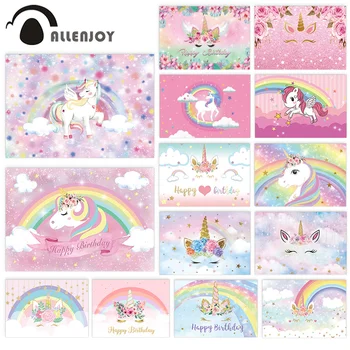 

Allenjoy Unicorn Banner Happy 1st Birthday Baby Shower Rainbow Flowers Party Photozone Kid Event Animals Backdrop Photobooth