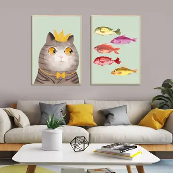 

Cat Fish Animal Canvas Painting Pink Flower Wall Art Poster and Prints Cartoon Nursery Picture Kids Baby Room Decoration