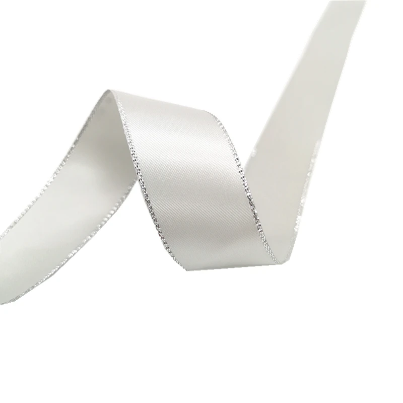 High-Quality Silver Metallic Edge Polyester Satin Ribbon for Gift Wrapping and Wedding Decoration, 5 Yards