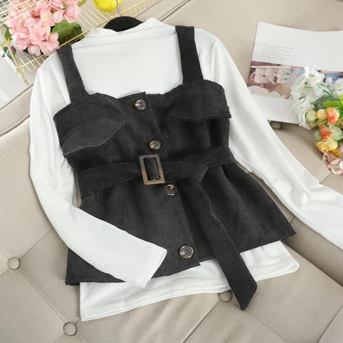white black Neploe Мода 2 шт. для женщин комплект Водолазка однотонная Нижняя футболка+ тонкий пояс поддельные карман вельвет Camis Conjuntos - Цвет: white black