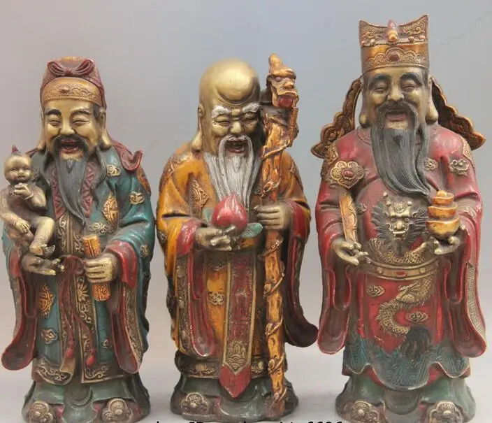 Китайская, под старину, бронзовая, цветная, окрашенная, Fukurokuju stars Three Lucky men God Buddha Set