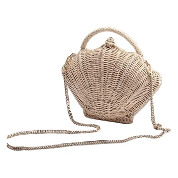 

Shell-Shaped Chain Small Messenger Bag Rattan Woven Ins Shoulder Portable Beach Vacation Straw Bag