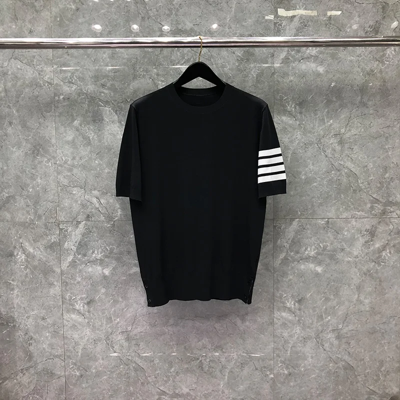 TB THOM T-Shirt Summer Men T-shirt Fashion Brand Elliot Fabric Ice Silk 4-Bar Stripe Knitted Solid Short Sleeve Sweatshirt image_2