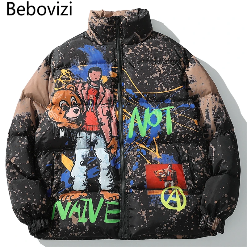 

Bebovizi Hip Hop Jacket Parka Graffiti Streetwear Men Windbreaker Jackets 2019 Male Harajuku Winter Padded Coat Warm Outwear