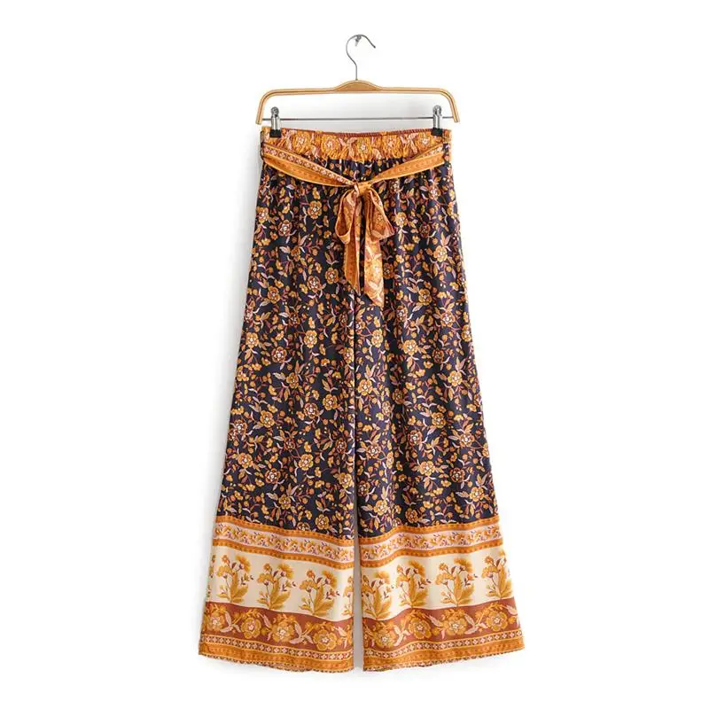 

2019 Summer Fashion Floral Print Boho Beach Wide leg pants Women Casual Elastic waist Lace-up Long Pants Female trousers#A097