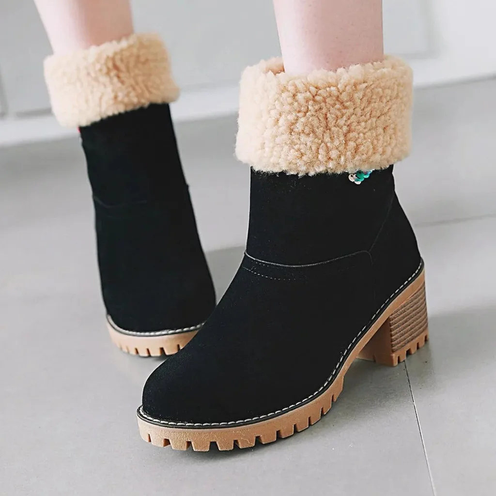 

Warm Snow Boots Women's Winter Mid Tube Cuffed Short Boots 2019 Lady Stylish Plush High Heel Shoes Embroidery Elegant Botas New