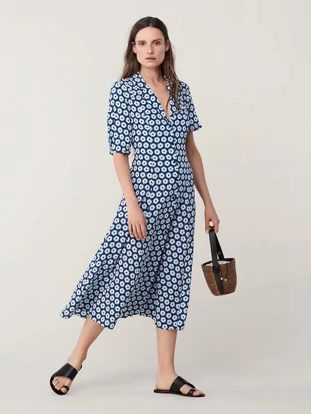 

Western Style 2019 Summer New Style Slimming French Retro Pastoral Style Floral Printed Suit Collar Lining WOMEN'S Dress
