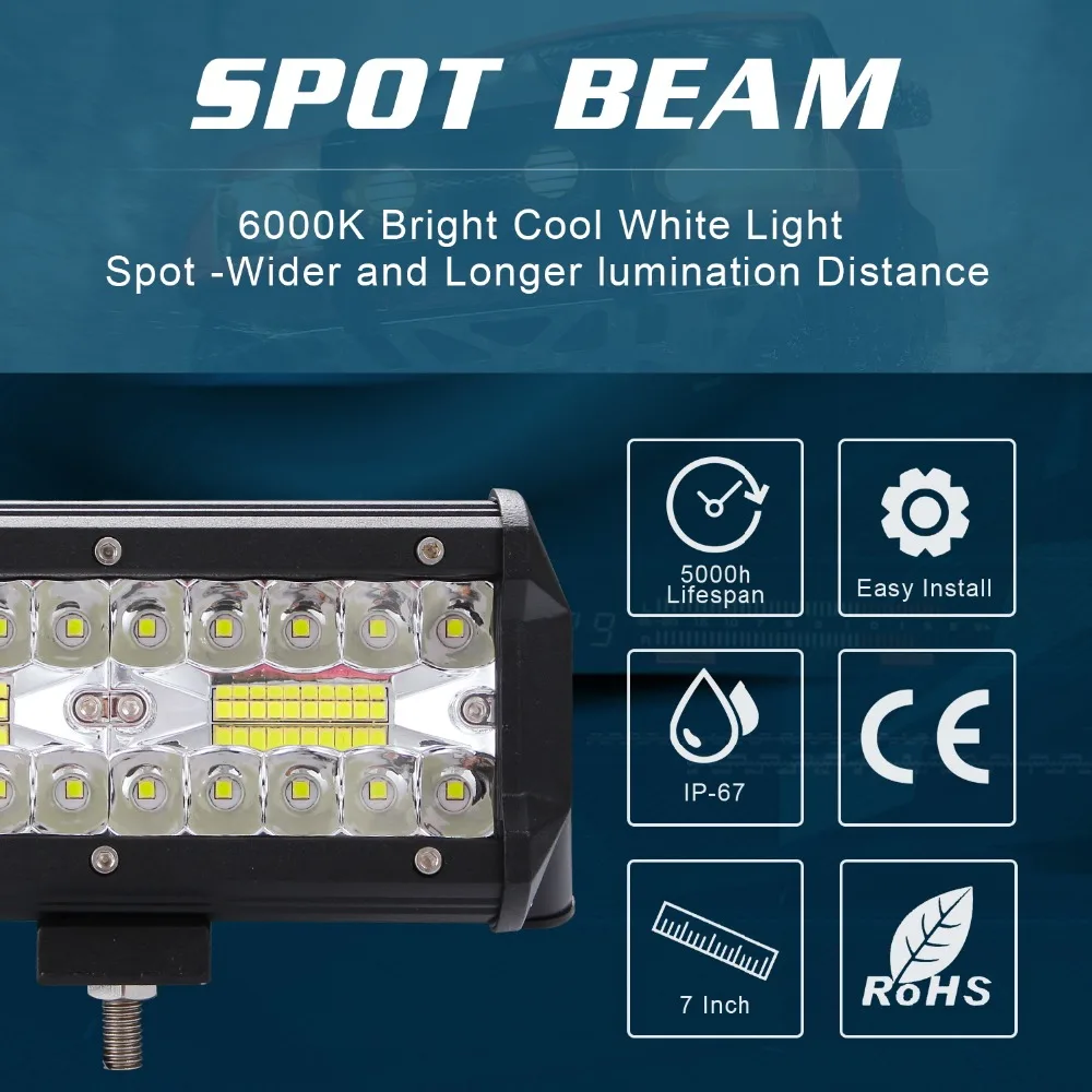 2 pcs 7 inch LED Light Bar 3 Rows 400W 12V 24V 6000k Work Light Combo Beam for Driving Offroad Boat Car Tractor Truck 4x4 SUV
