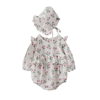 

Autumn New Baby Girls Romper Cherry Long-sleeved Robe Baby Cotton Jumpsuit Climbing Gift Hat Pullover Triangle Climb