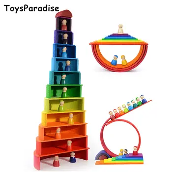 

Dropshipping Simulation 12Pcs Rainbow Blocks Set Square Building Blocks Wooden Toys For Kids Semicircle/Dolls Educational Gift