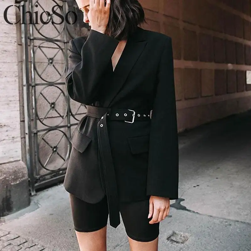 MissyChilli черный vneck длинный рукав Блейзер Женский Карманный пояс элегантный женский офисный жакет Женская Осенняя зимняя сексуальная одежда Блейзер