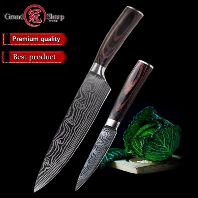 

GRANDSHARP 2 Pcs Chef Kitchen Knives Set Damascus Pattern German Stainless Steel Paring Santoku Cooking Professional Tools