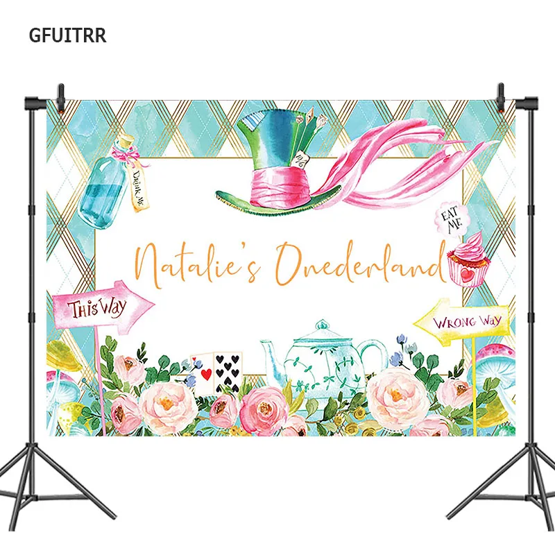 

GFUITRR Alice in Wonderland Photography Backdrop Kids 1st Birthday Flowers Photo Background Fabric Photo Booth Props