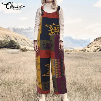 

2020 Celmia Women Vintage Jumpsuits Casual Printed Rompers Sexy Straps Sleeveless Playsuit Kaftan Pants Pantalon Femme Plus Size