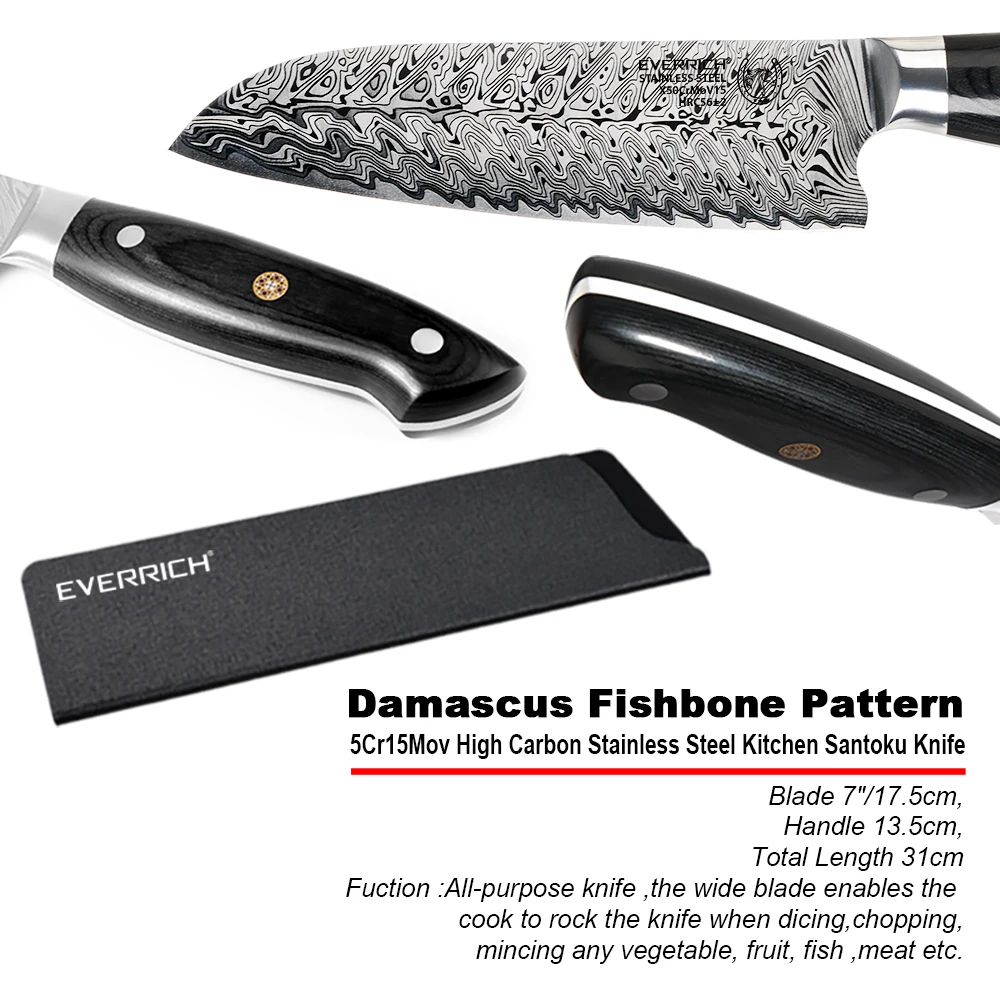Нож еверрич " Santoku, кухонные ножи, ножи шеф-повара, дамасский нож с рисунком рыбьей кости, лазерная Дамасская сталь с деревянной ручкой Pakka